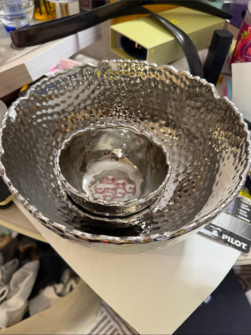 Metallic color ceramic Hammered Serving Bowl Set - Silver